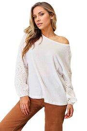 Trendsi Shirts & Tops Eyelet Dropped Shoulder Round Neck Blouse