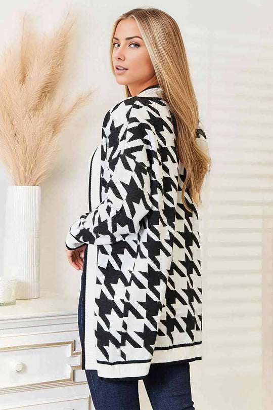 Woven Right Houndstooth Open Front Longline Cardigan