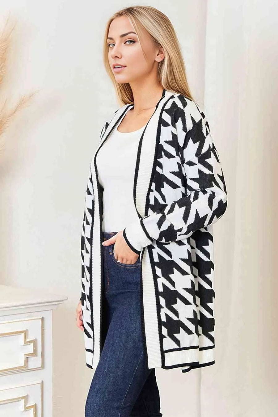 Woven Right Houndstooth Open Front Longline Cardigan