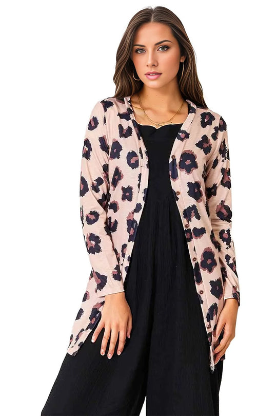 Double Take Printed Button Front Longline Cardigan