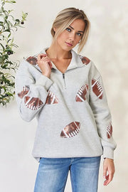 Shirts & Tops Light Gray / S Double Take Full Size Sequin Football Half Zip Long Sleeve Sweatshirt