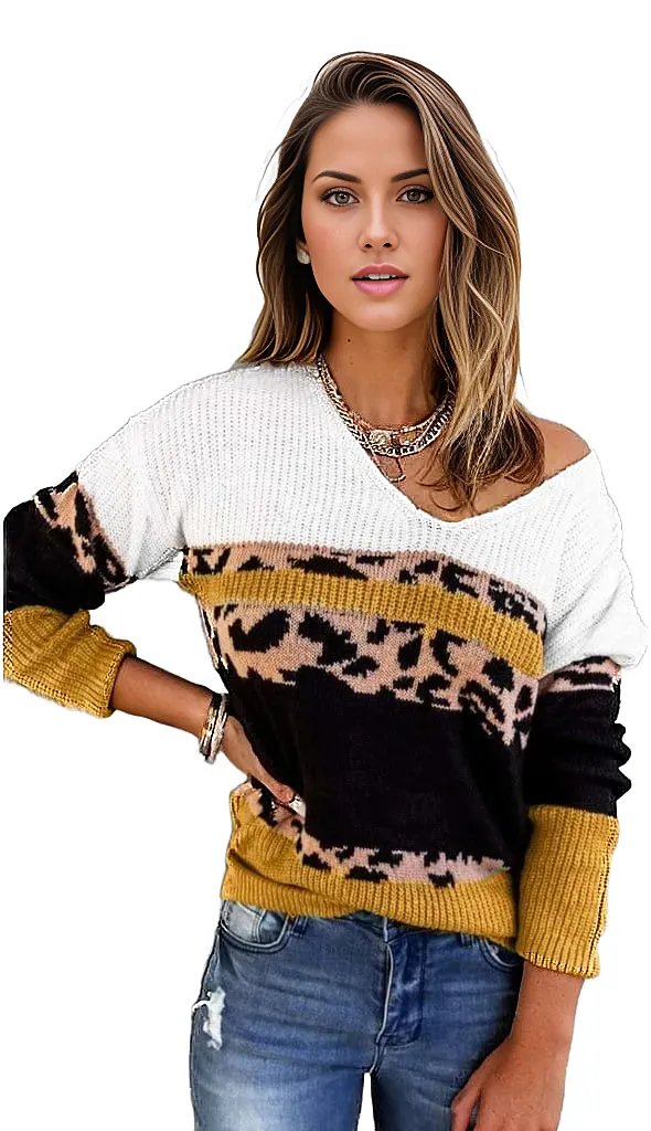 PRE-ORDER Leopard Color Block V-Neck Rib-Knit Sweater