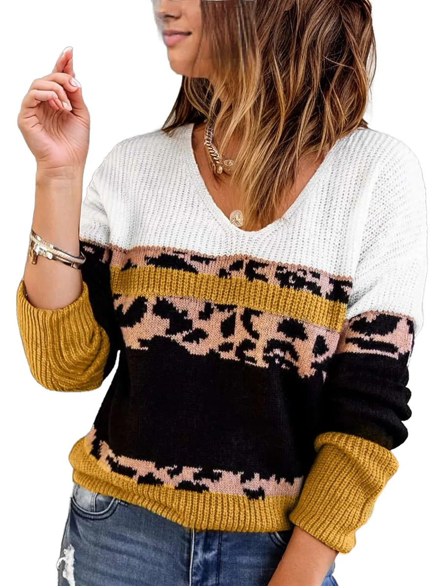 PRE-ORDER Leopard Color Block V-Neck Rib-Knit Sweater