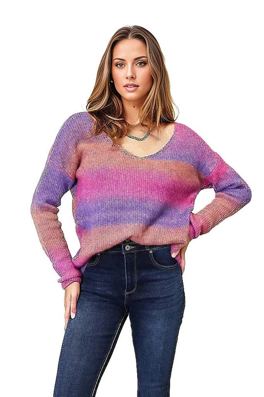 Double Take Multicolored Rib-Knit V-Neck Knit Pullover