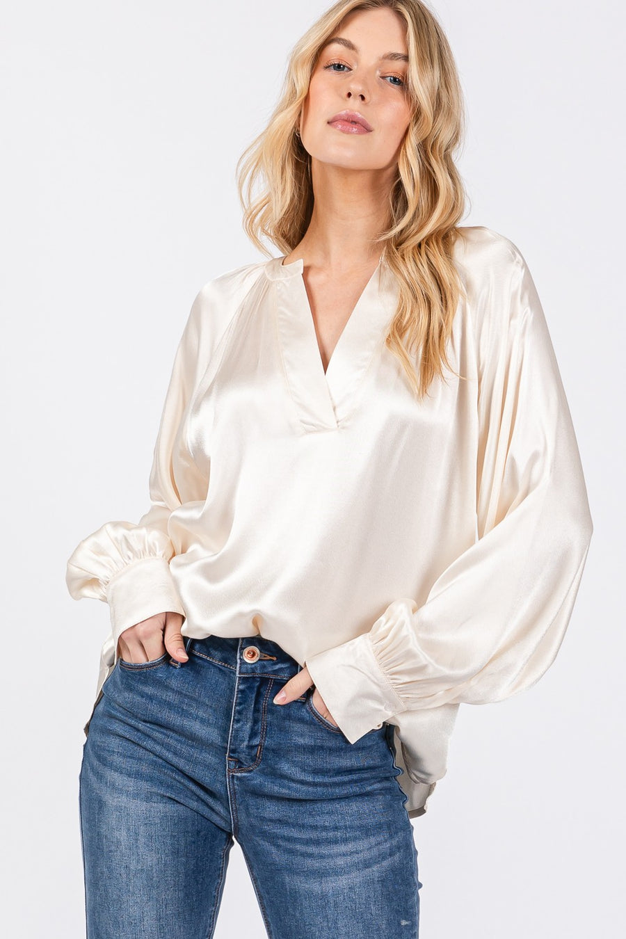 Trendsi Shirts & Tops SAGE + FIG Notched Long Sleeve Blouse