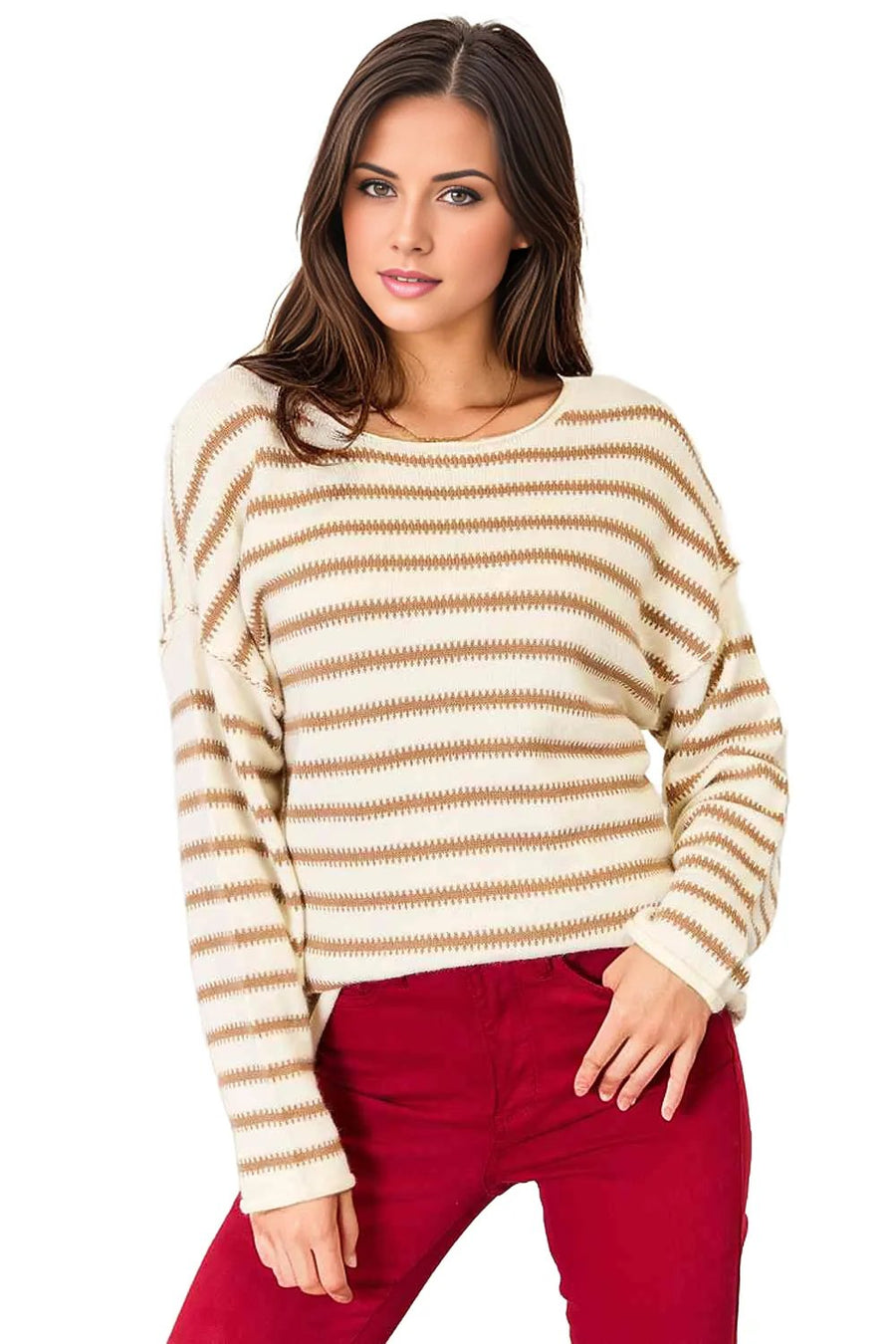 Double Take Striped Boat Neck Sweater