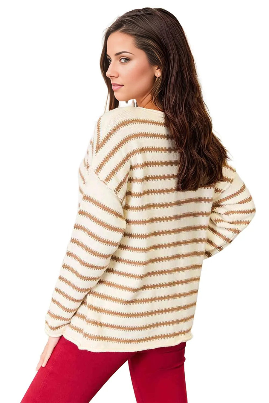 Double Take Striped Boat Neck Sweater