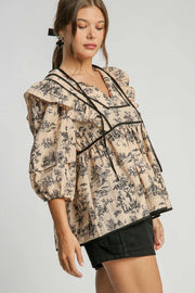 Trendsi Shirts & Tops Umgee Ruffled Tie Neck Puff Sleeve Babydoll Blouse