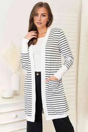 Double Take Striped Open Front Longline Cardigan