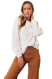 Trendsi Shirts & Tops White / S Eyelet Dropped Shoulder Round Neck Blouse