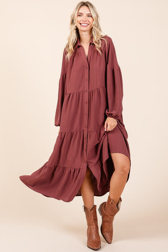 Trendsi Sienna / S Mittoshop Tiered Button Down Long Sleeve Midi Dress