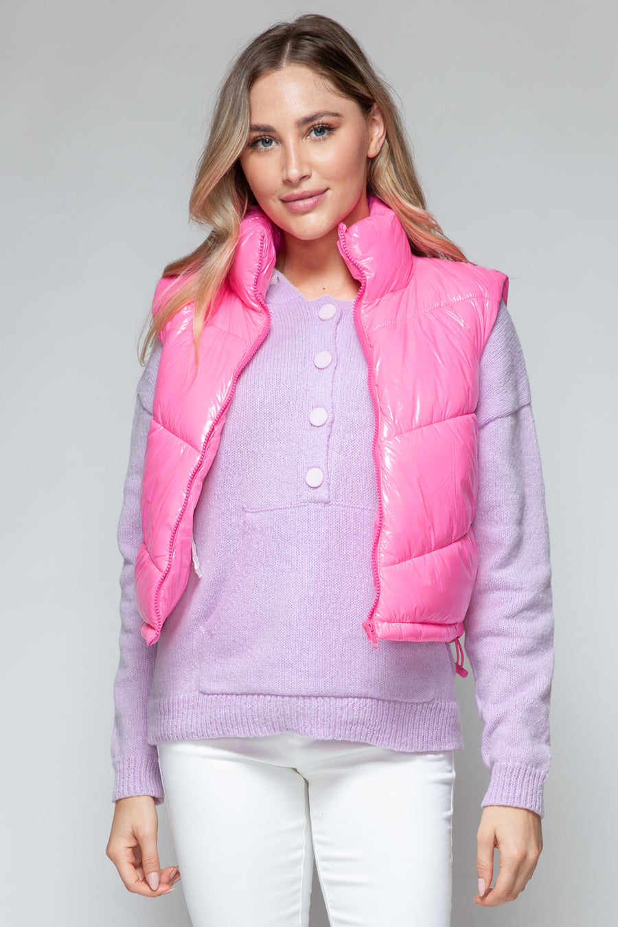 Snobbish Zip Up Turtleneck Shiny Quilted Vest