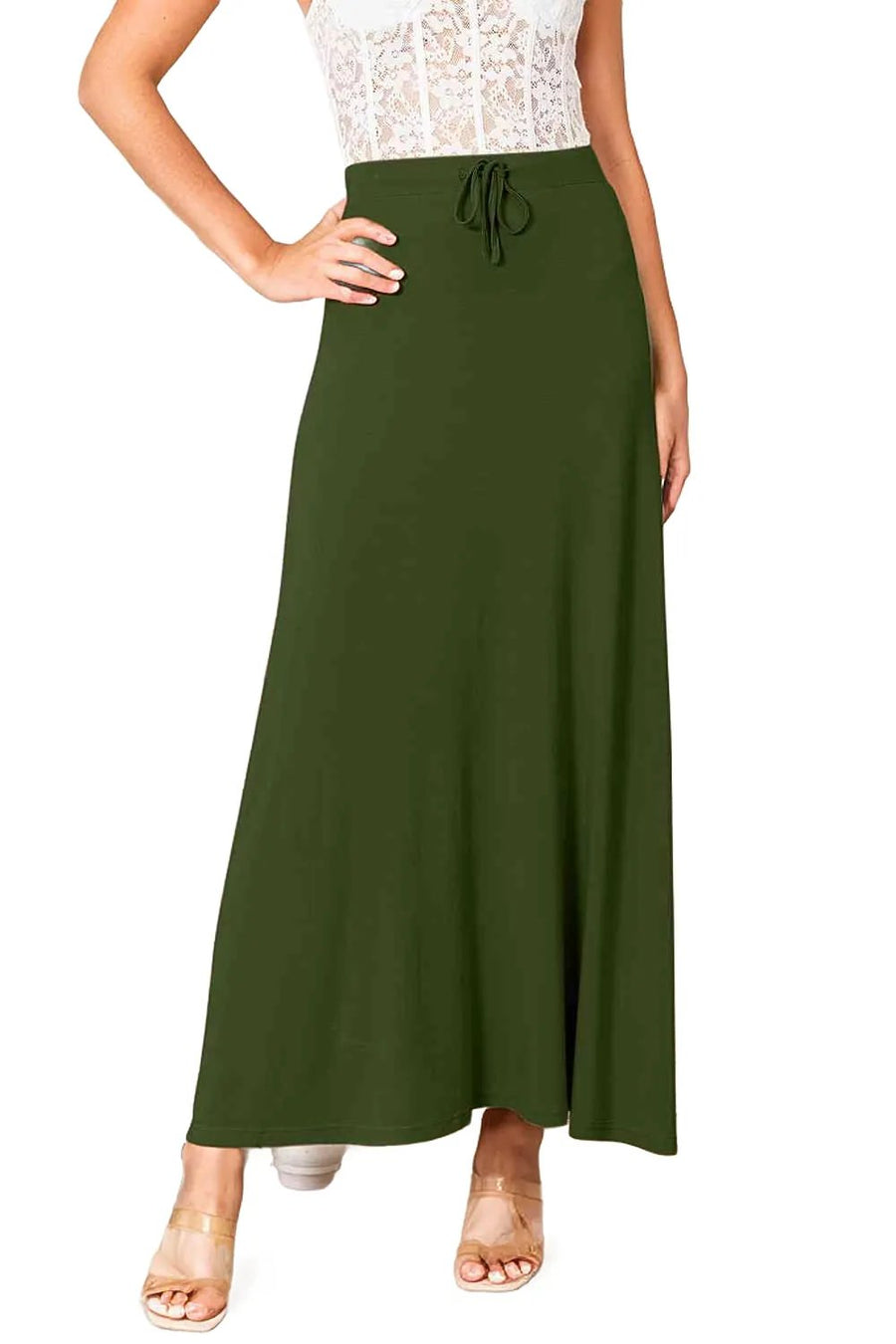 Soft Rayon Drawstring Waist Maxi Skirt Rayon