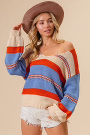 Trendsi Sweater Rust/Oatmeal/Blue / S BiBi Multi Color Stripe Scoop Neck Sweater