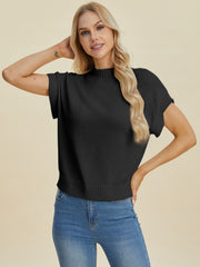 Trendsi Sweaters Black / S Double Take Full Size Mock Neck Short Sleeve Sweater