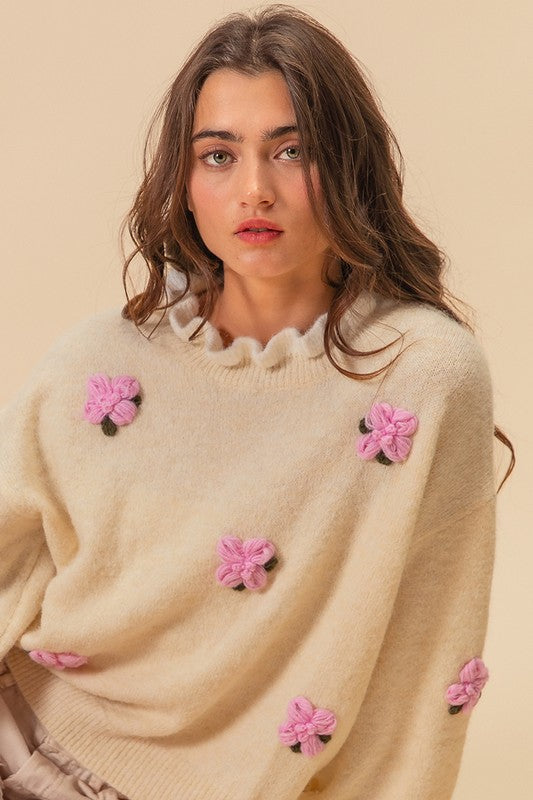 Trendsi Sweaters & Cardigans/Cardigans BiBi Ruffled Crochet Flower Dropped Shoulder Sweater