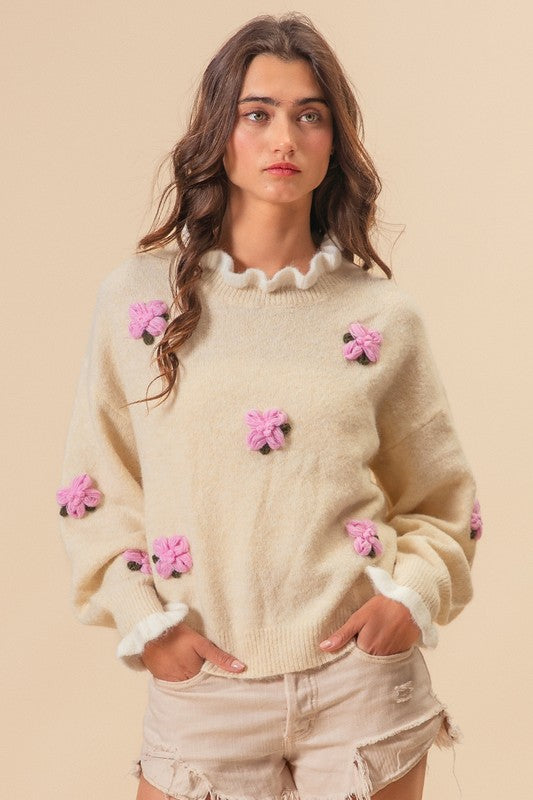 Trendsi Sweaters & Cardigans/Cardigans Cream / S BiBi Ruffled Crochet Flower Dropped Shoulder Sweater