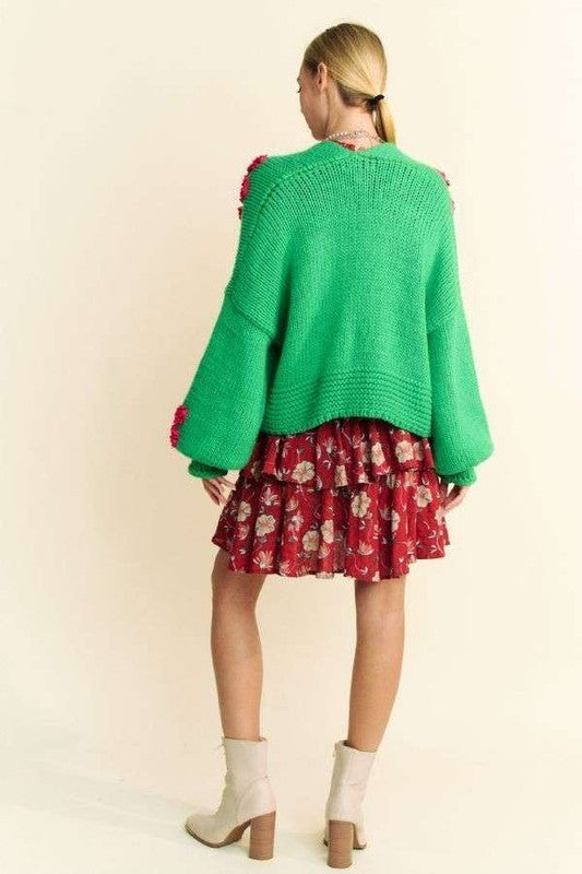 Trendsi Sweaters & Cardigans/Cardigans Davi & Dani Floral Applique Open Front Drop Shoulder Cardigan