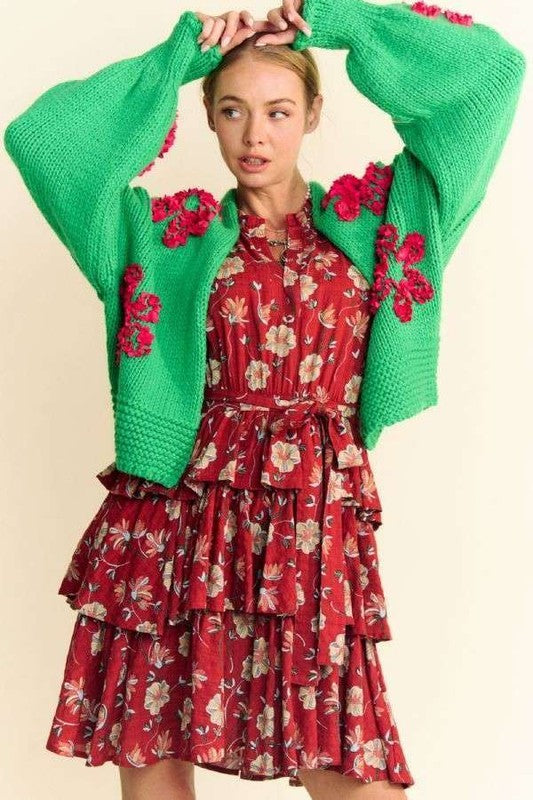 Trendsi Sweaters & Cardigans/Cardigans Davi & Dani Floral Applique Open Front Drop Shoulder Cardigan