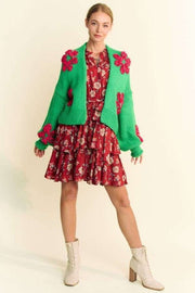 Trendsi Sweaters & Cardigans/Cardigans Green / S Davi & Dani Floral Applique Open Front Drop Shoulder Cardigan