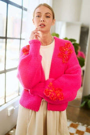 Trendsi Sweaters & Cardigans/Cardigans Hot Pink / S Davi & Dani Floral Applique Open Front Drop Shoulder Cardigan