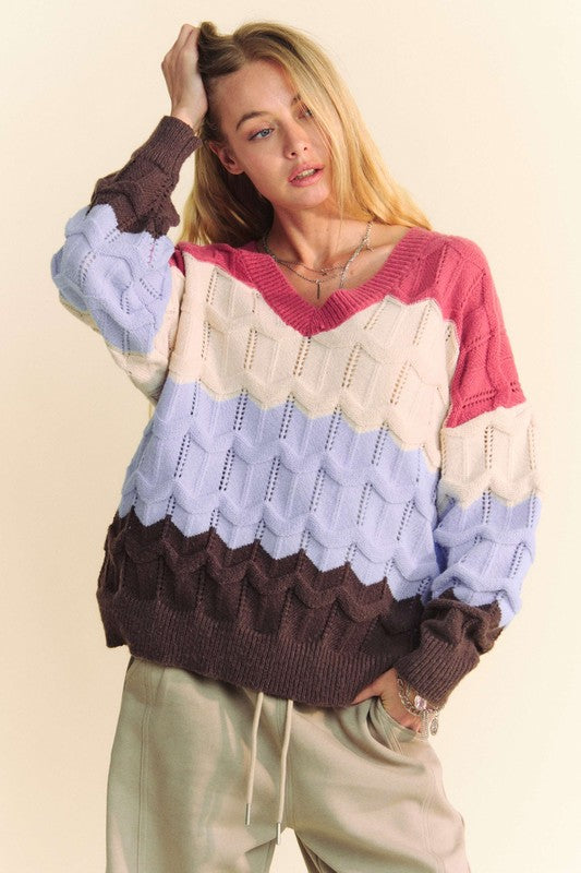 Trendsi Sweaters & Cardigans/Sweater Dresses mauve/light blue / S Davi & Dani Wavy Texture Color Block V-Neck Sweater