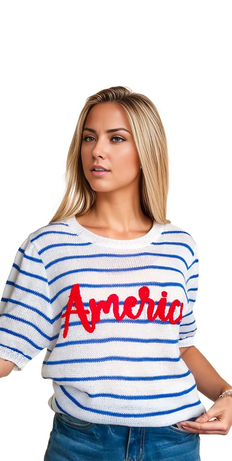 Haptics Letter Embroidery Striped Knit Top