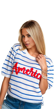 Haptics Letter Embroidery Striped Knit Top