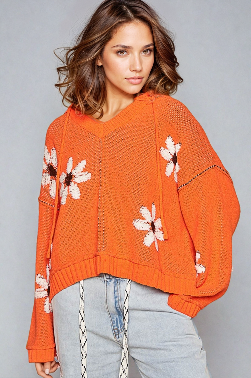 POL Floral Pattern Hooded High-Low Sweater