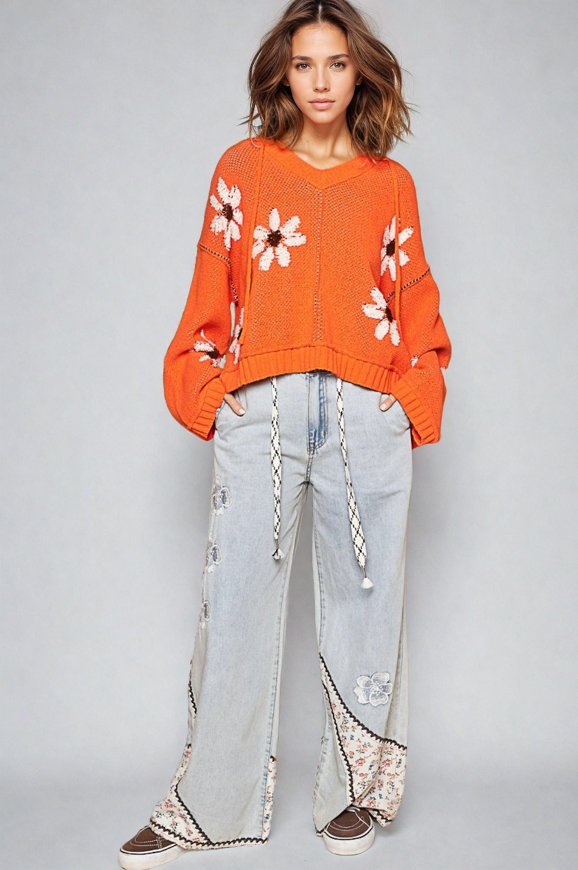 POL Floral Pattern Hooded High-Low Sweater