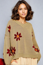 POL V-Neck Floral Pattern Chenille Sweater