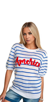 Trendsi Sweaters Ivory/Blue/Red / S Haptics Letter Embroidery Striped Knit Top