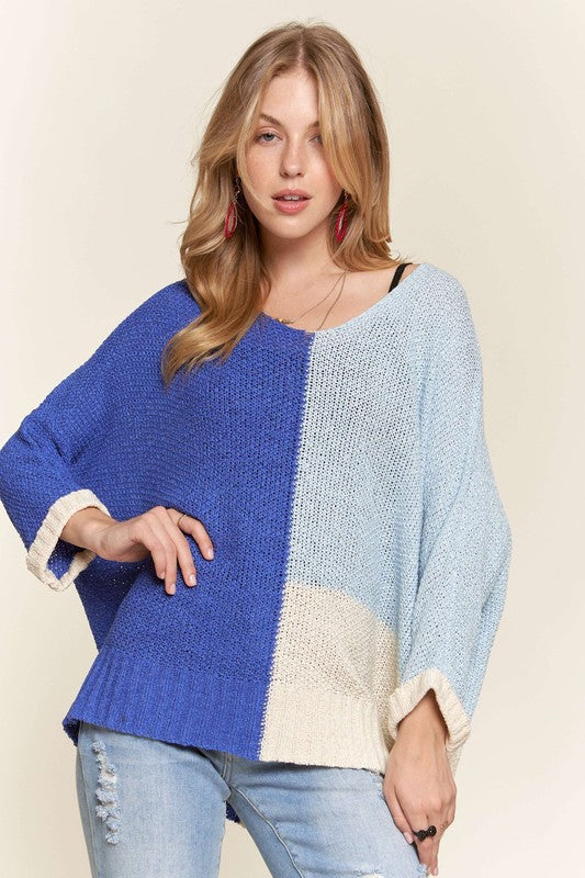 Trendsi Sweaters Royal Blue / S/M ADORA Side Slit Color Block Long Sleeve Sweater