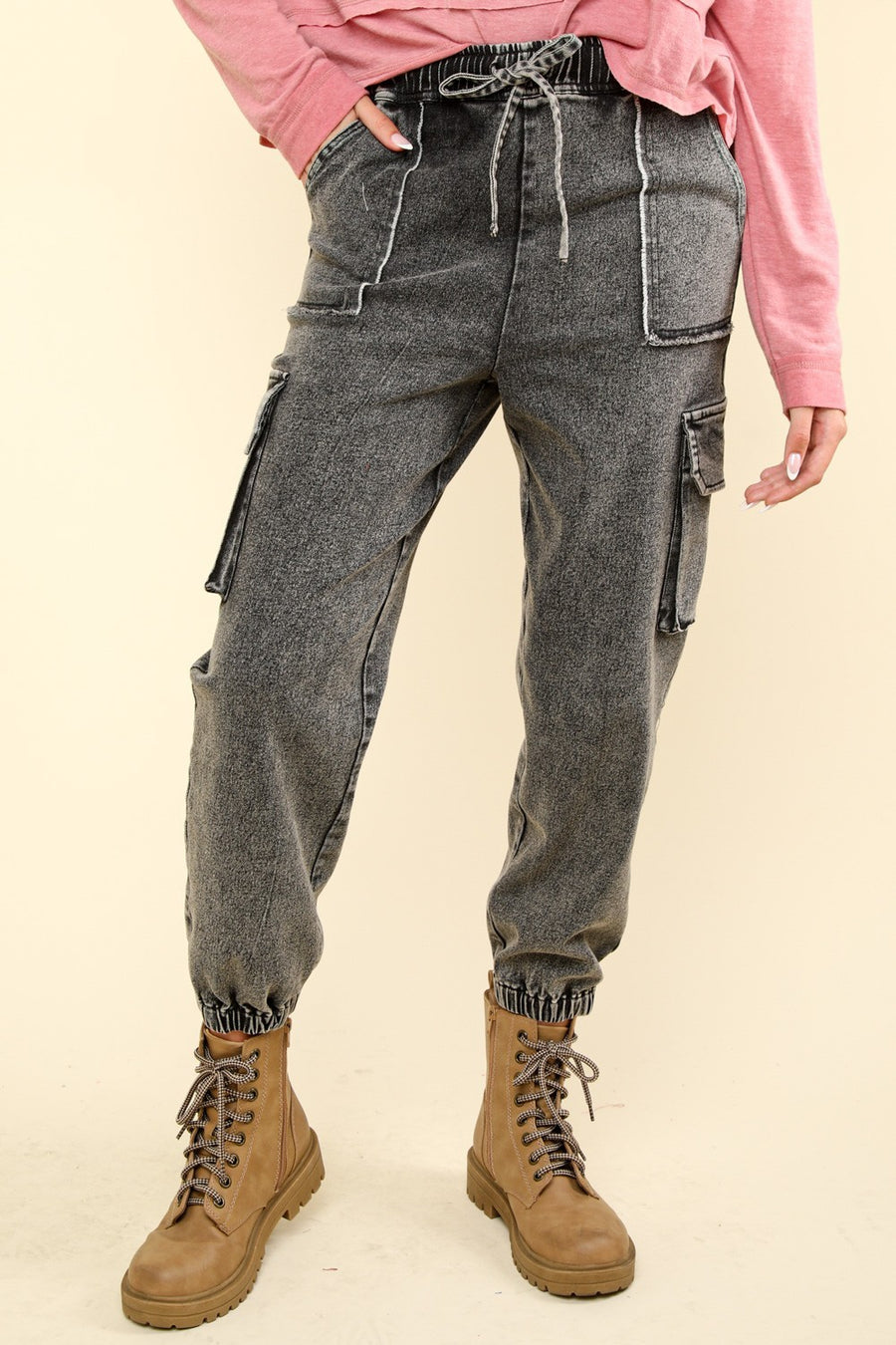 Trendsi Sweatpants & Joggers Black Denim / S VERY J Washed Drawstring Jogger Cargo Jeans