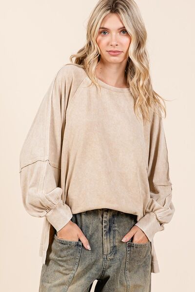 Trendsi Tan / S Mittoshop Mineral Wash Raglan Long Sleeve Oversized Top