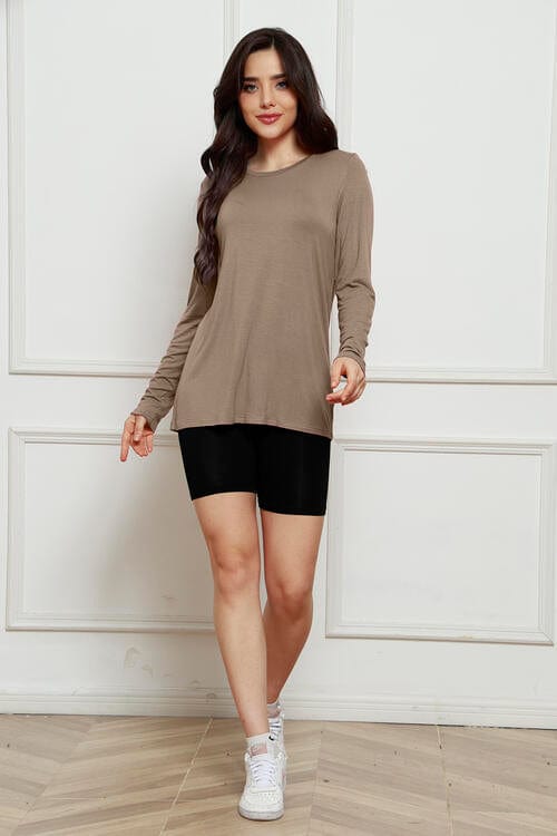 Taupe / S Basic Bae Full Size Round Neck Long Sleeve Top