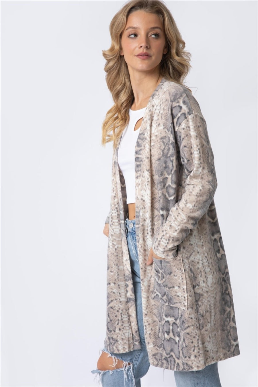 Trendsi Shirts & Tops Taupe / S Animal Print Flannel Open Front Longline Cardigan