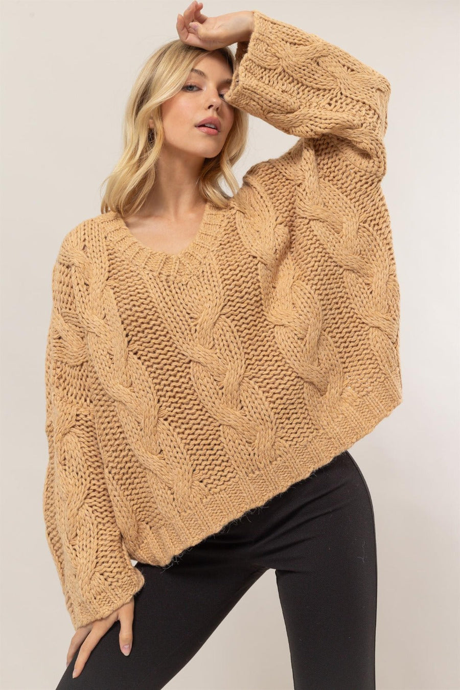 Trendsi Taupe / S HYFVE Cable Knit V-Neck Sweater