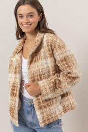 Trendsi Taupe / S HYFVE Plaid Collared Neck Boucle Jacket with Pockets