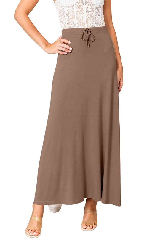 Soft Rayon Drawstring Waist Maxi Skirt Rayon