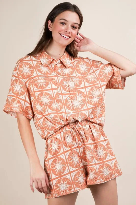 Trendsi Taupe / S VERY J Tropical Printed Shirt Top & Shorts Set