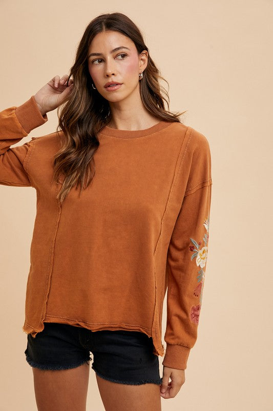 Trendsi Terracotta / S Annie Wear Embroidered Long Sleeve French Terry Top