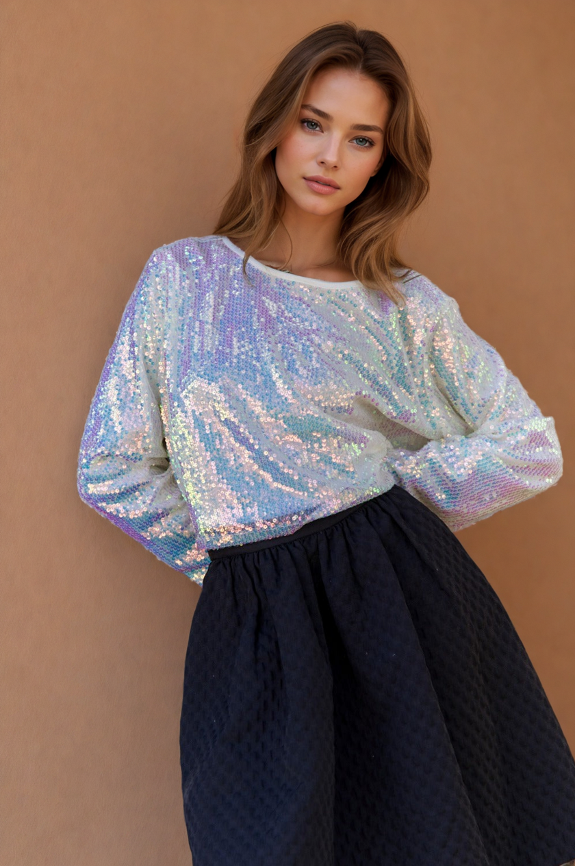 Trendsi Tops/Blouses & Shirts Fantasy / S Brinleigh Sequin Long Sleeve Crop T-Shirt