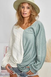 Trendsi Tops/Blouses & Shirts Ivory/Sage / S BiBi Twist Front Contrast Cable Knit Top