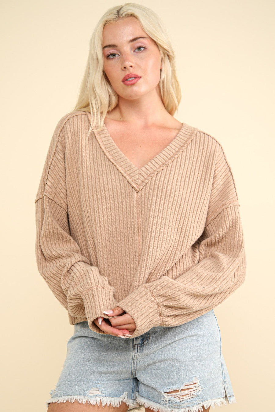 Trendsi Tops/Long Sleeve Tops Mocha / S VERY J Exposed Seam V-Neck Ribbed Knit Top