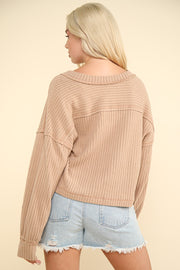 Trendsi Tops/Long Sleeve Tops VERY J Exposed Seam V-Neck Ribbed Knit Top