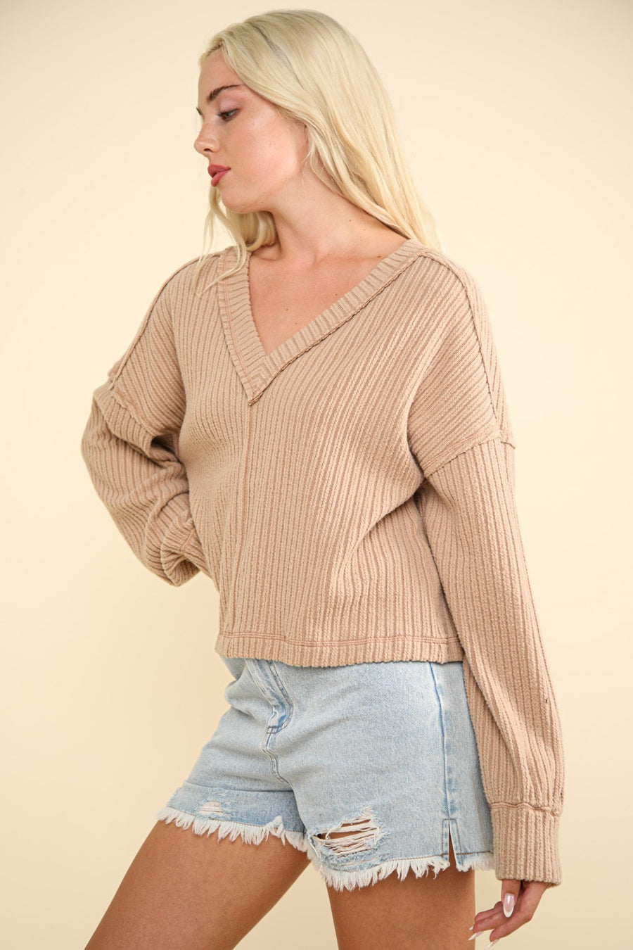 Trendsi Tops/Long Sleeve Tops VERY J Exposed Seam V-Neck Ribbed Knit Top