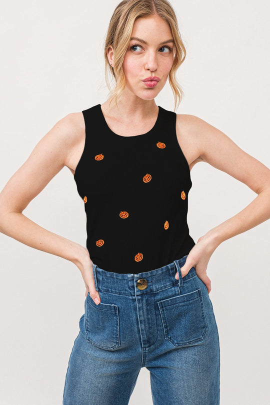 Trendsi Tops/Tank Tops Black / S And The Why Jack O' Lantern Embroidered Ribbed Tank