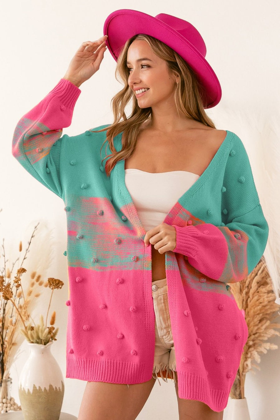 Trendsi Turquoise/Pink / S BiBi Color Block Ponpon Sweater Cardigan