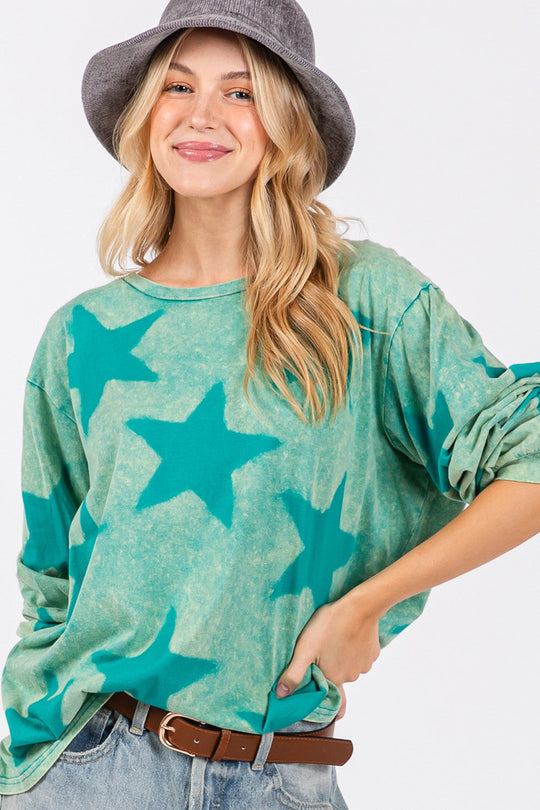 Trendsi Turquoise / S SAGE + FIG Mineral Wash Star Pattern T-Shirt